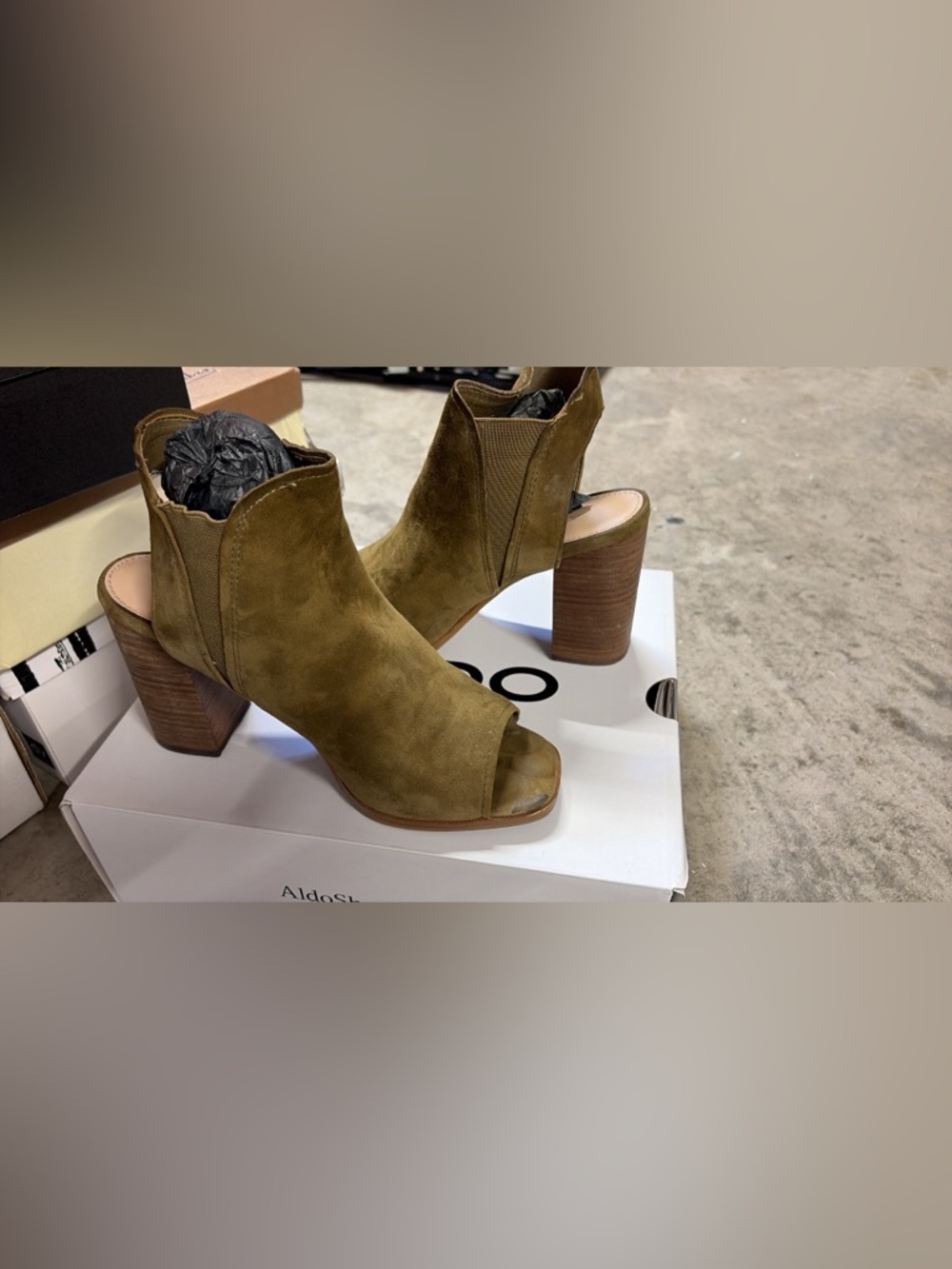 Aldo Olive Green Suede Peep-Toe Block Heel Booties